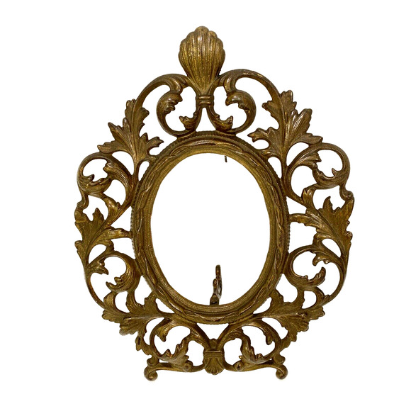 Vintage Cast Metal Frame Ornate Portrait Photo Holder Gold Victorian Oval FLAW - Picture 1 of 12